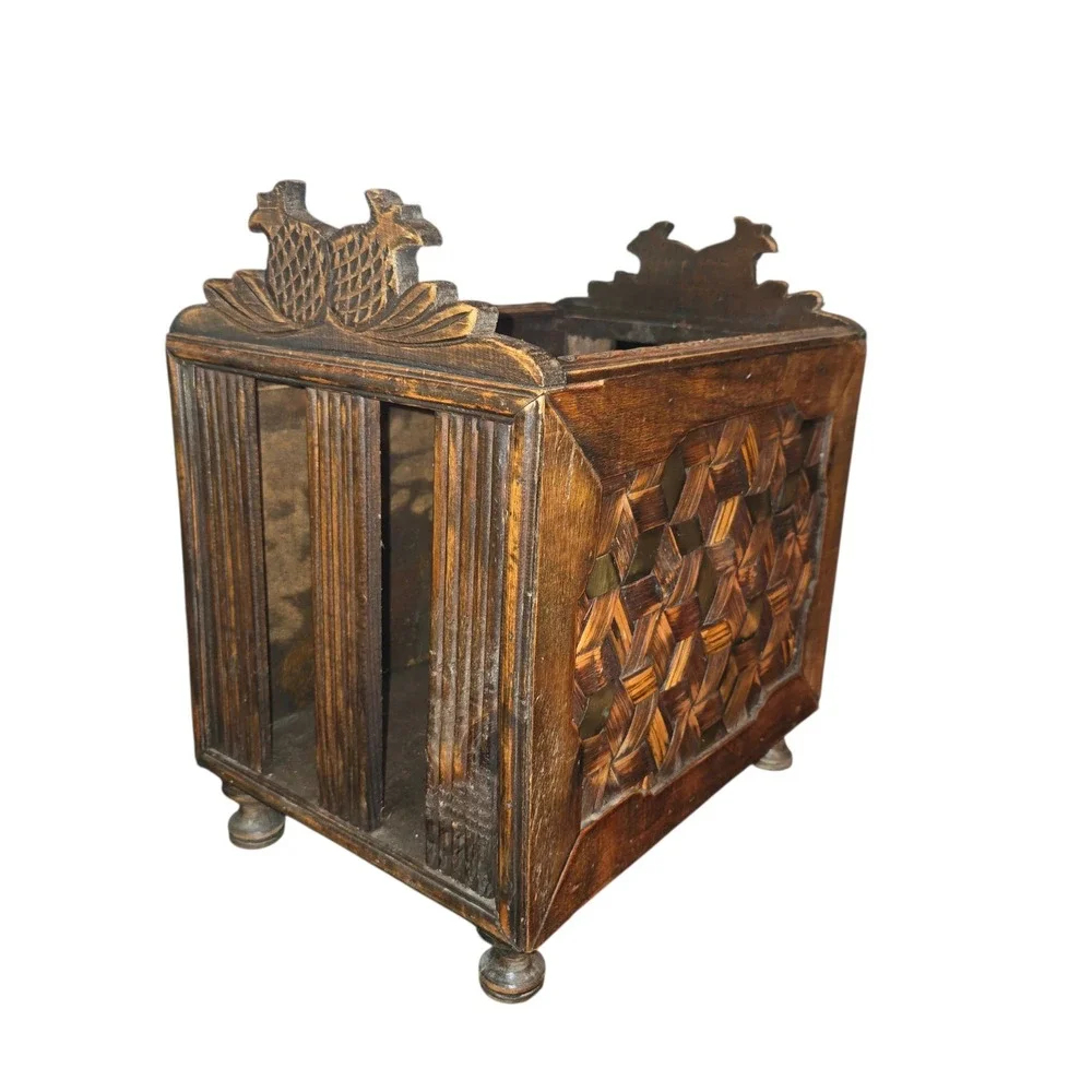 Vintage Brown Wood Magazine Rack Pineapple Carved Basket Weave Brass 14x13x9